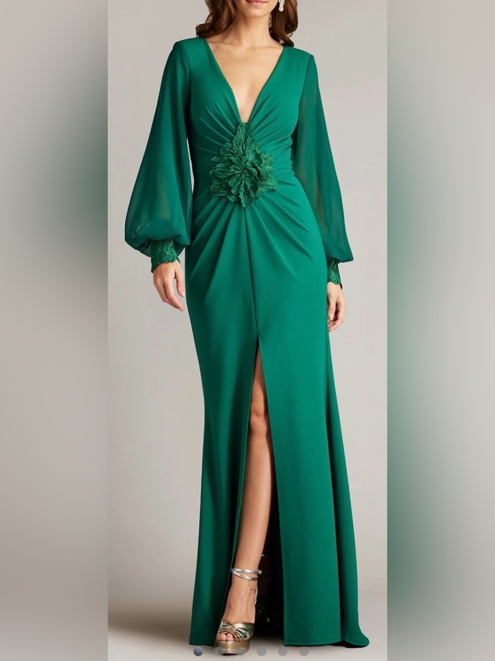 NEW Tadashi Shoji Sahana Floral Detail Long Sleeve Crepe Chiffon Emerald Sz S